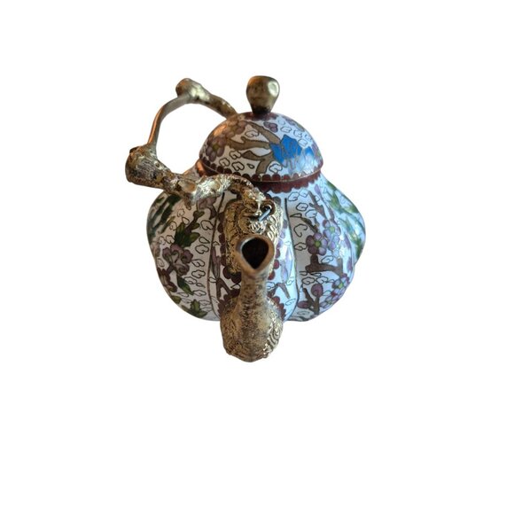 Vintage Cloisonne Enamel Teapot with Lid and Gold Handle Floral White Gold Blue - Picture 2 of 6